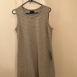 Gray and white striped sleeveless style jumper dress.